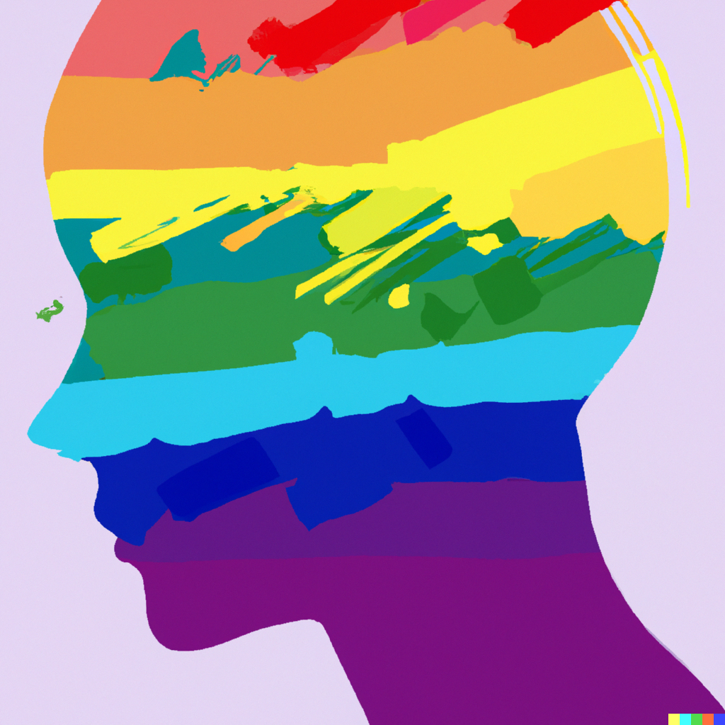 DALL·E 2023-06-15 21.43.42 - make a drawing with Pride colors of a profile with showing the importance of mental health